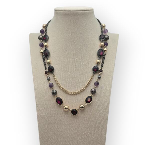 Deep Garnet & Amethyst White House Black Market Layered Beaded Chain Necklace - Picture 1 of 11